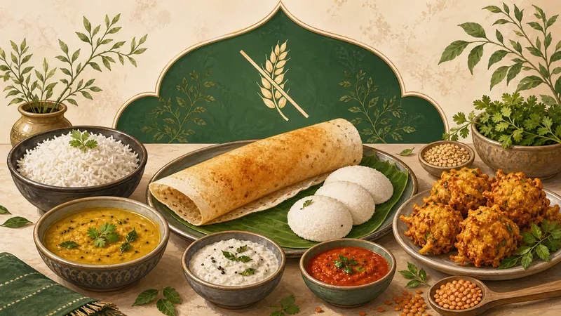 Illustrated gluten-free Indian spread with dosa, idli, rice, dal, and chutneys