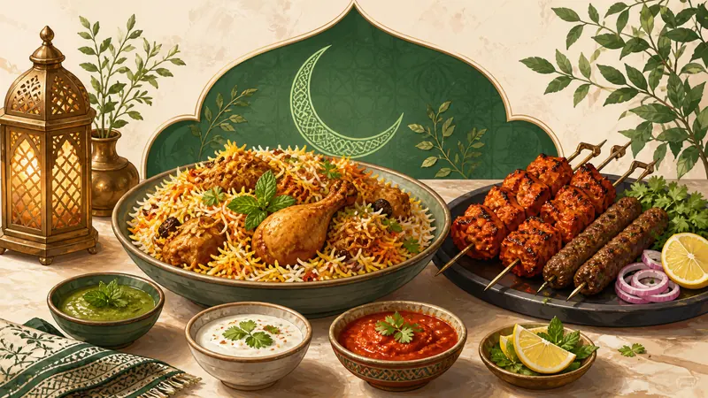 Illustrated halal Indian biryani, chicken tikka, and grilled kebabs