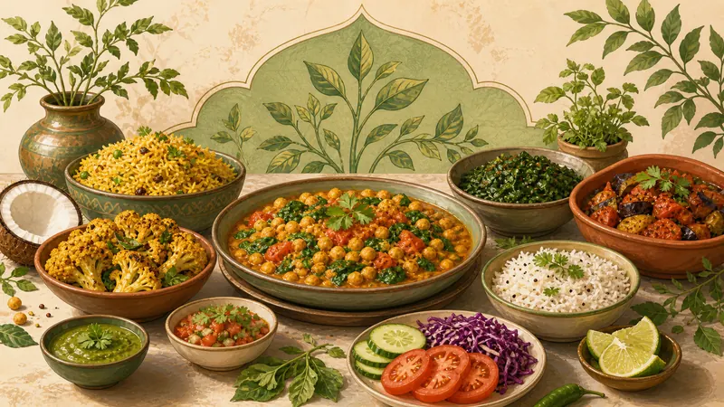 Illustrated vegan Indian spread with chickpeas, cauliflower, spinach, and rice