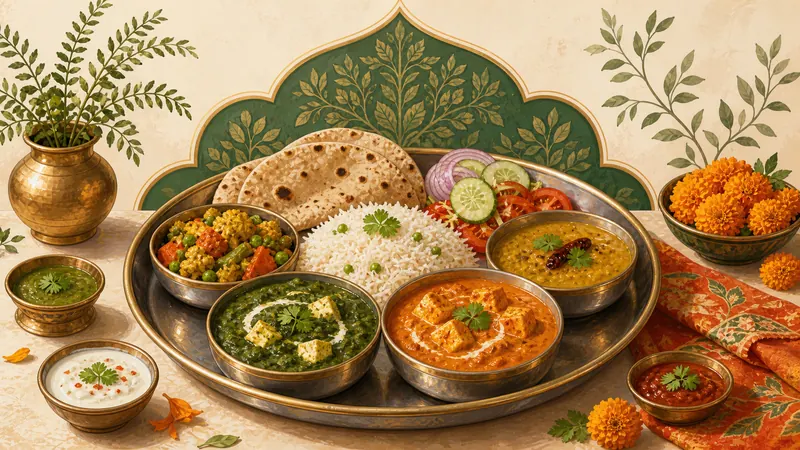 Illustrated vegetarian Indian thali with paneer, lentils, rice, and vegetables