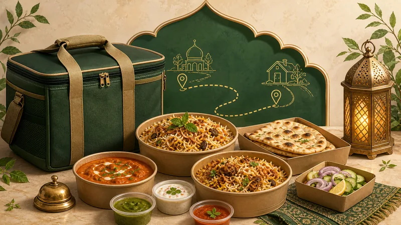 Illustrated Indian food delivery with an insulated bag, biryani, curry, naan, and a route motif