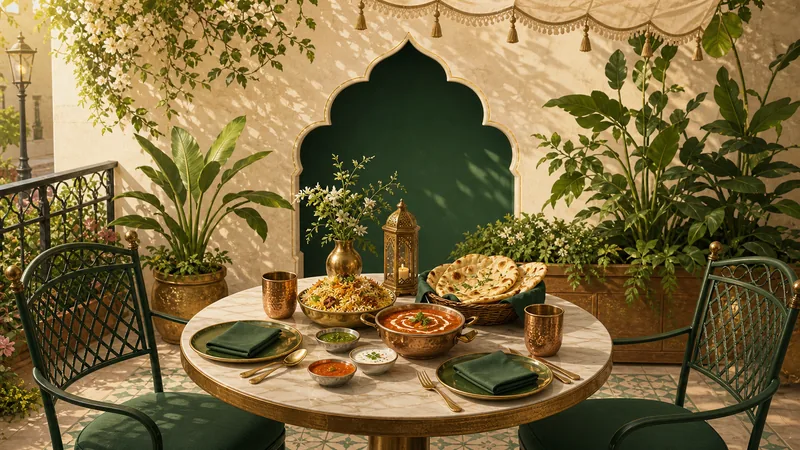 Illustrated outdoor Indian dining table with curry, biryani, naan, brass tableware, and garden seating
