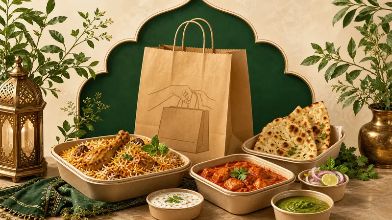 Illustrated Indian takeaway meal with biryani, curry, naan, chutneys, and a paper collection bag
